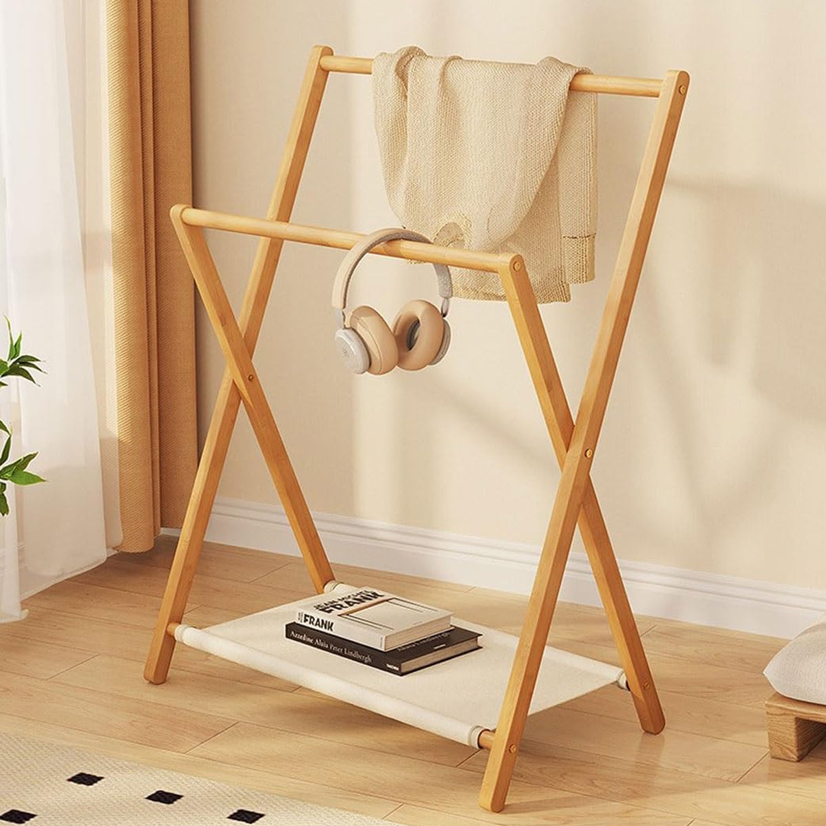 Foldable Bamboo Clothes Rack with Fabric Shelf