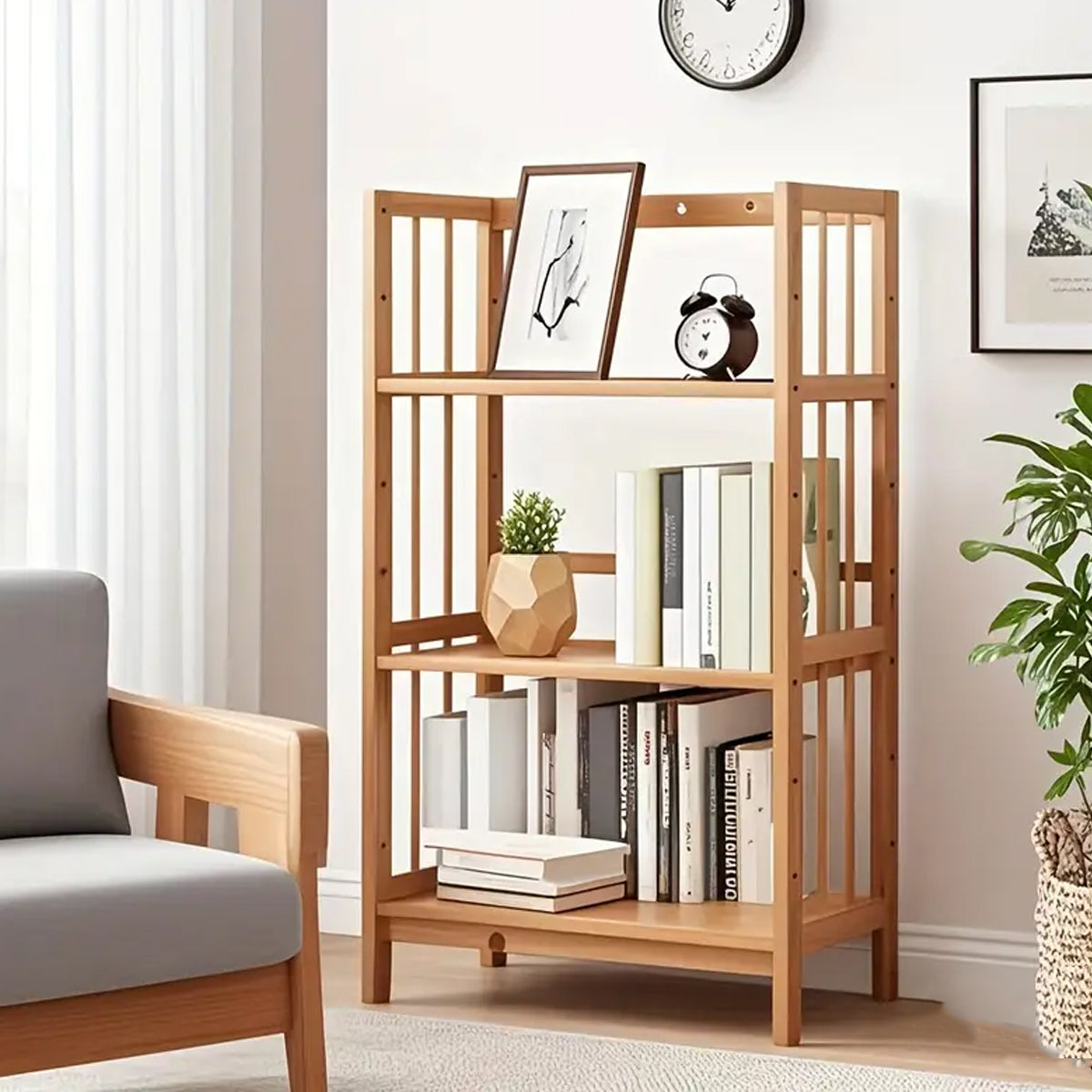 Three Layer Bamboo Bookshelf Floor Rack for Home and Office