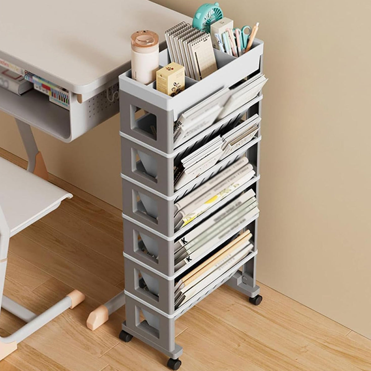 Movable Trolley Book Storage Rack with Four Layers
