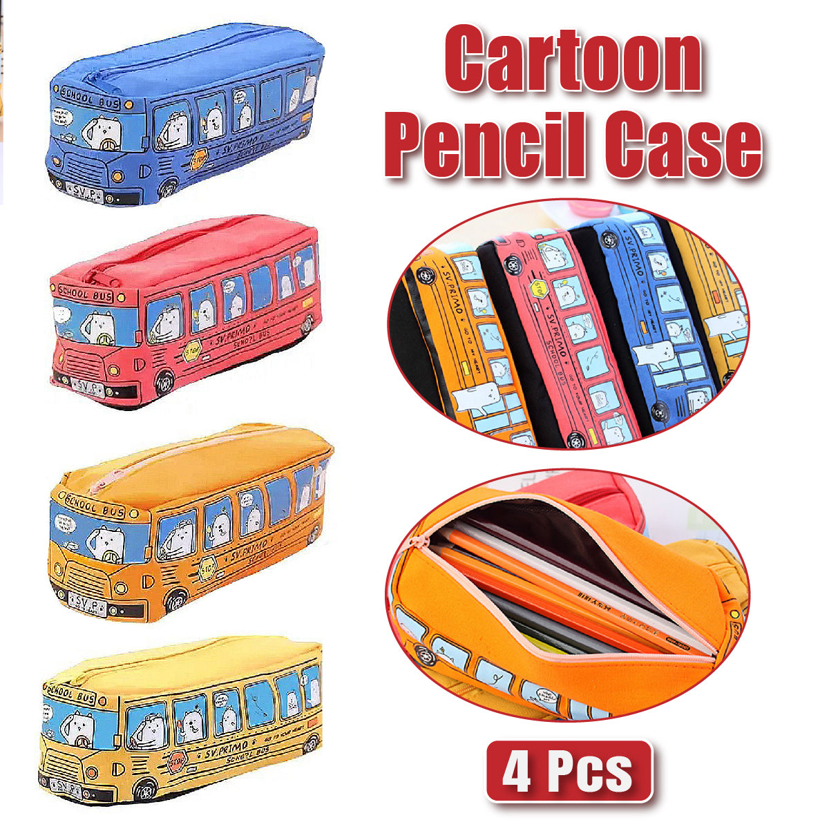 4 Pcs Cartoon Bus Pencil Case Large Capacity Washable Canvas