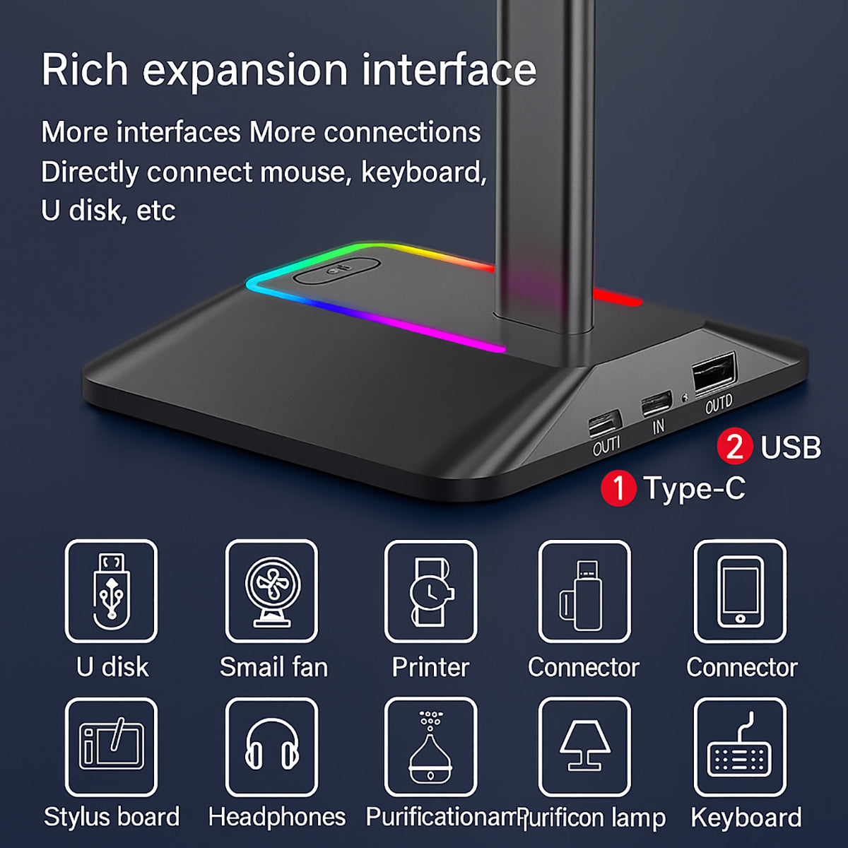 RGB Headphone Stand with USB 3.0 Hub and Type-C Ports