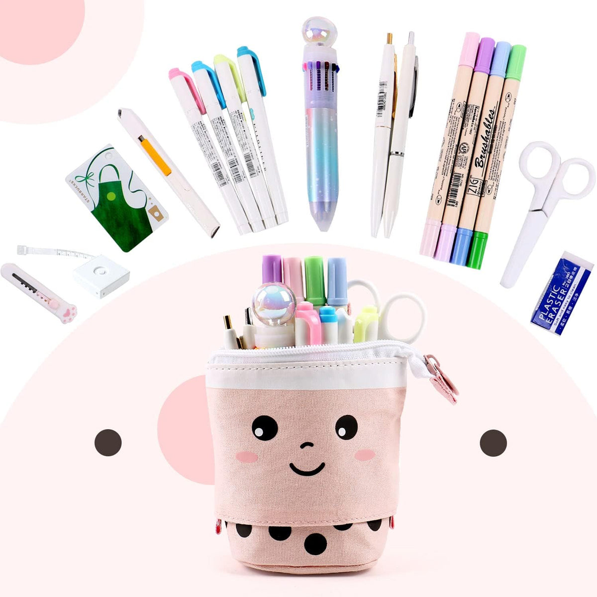 2 Pcs Bubble Tea Telescopic Pencil Case Canvas Beige Pink