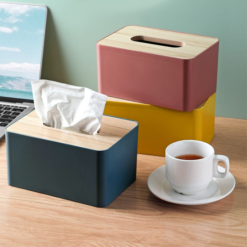 Tissue Box Holder Paper Storage Case with Wooden Cover
