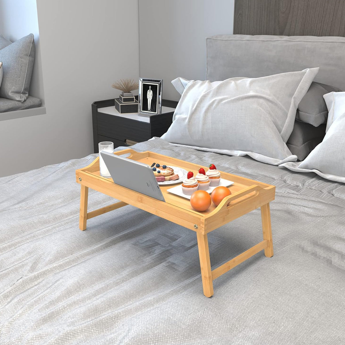 Folding Bamboo Bed Table Portable Laptop Desk with Card Slot