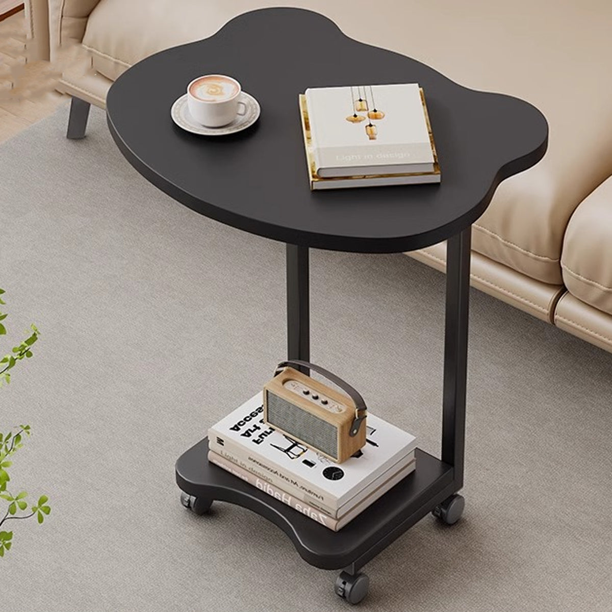 Black Mobile Side Table with Wheels Two Tier Storage Design