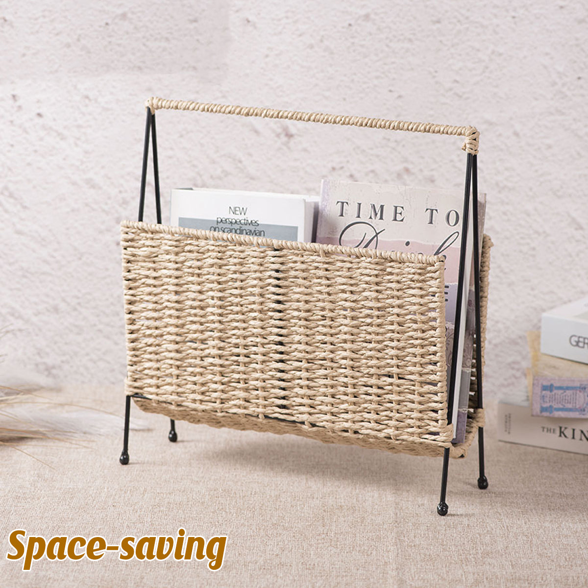 Hand-Woven Paper Rope Storage Basket with Iron Frame Natural