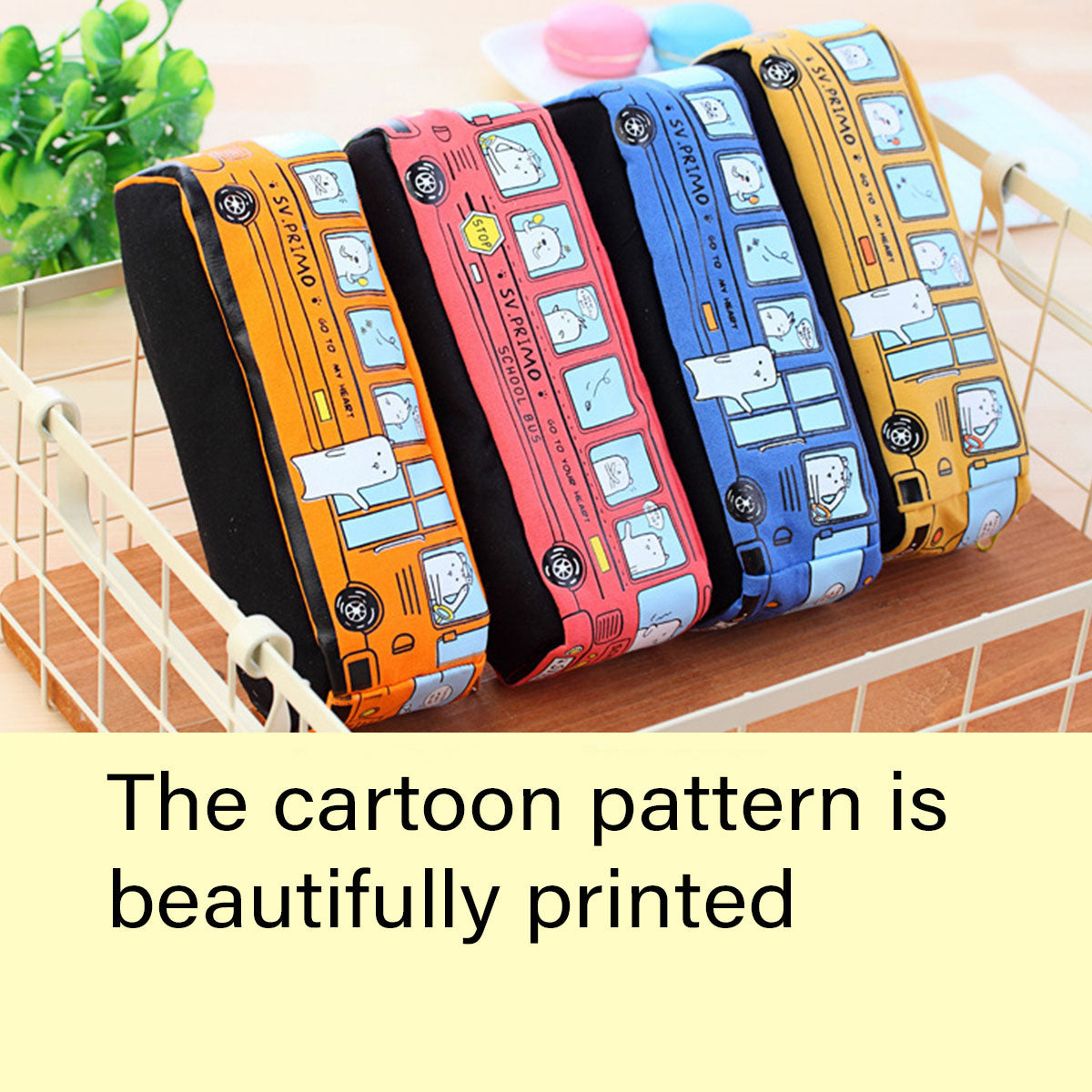 4 Pcs Cartoon Bus Pencil Case Large Capacity Washable Canvas