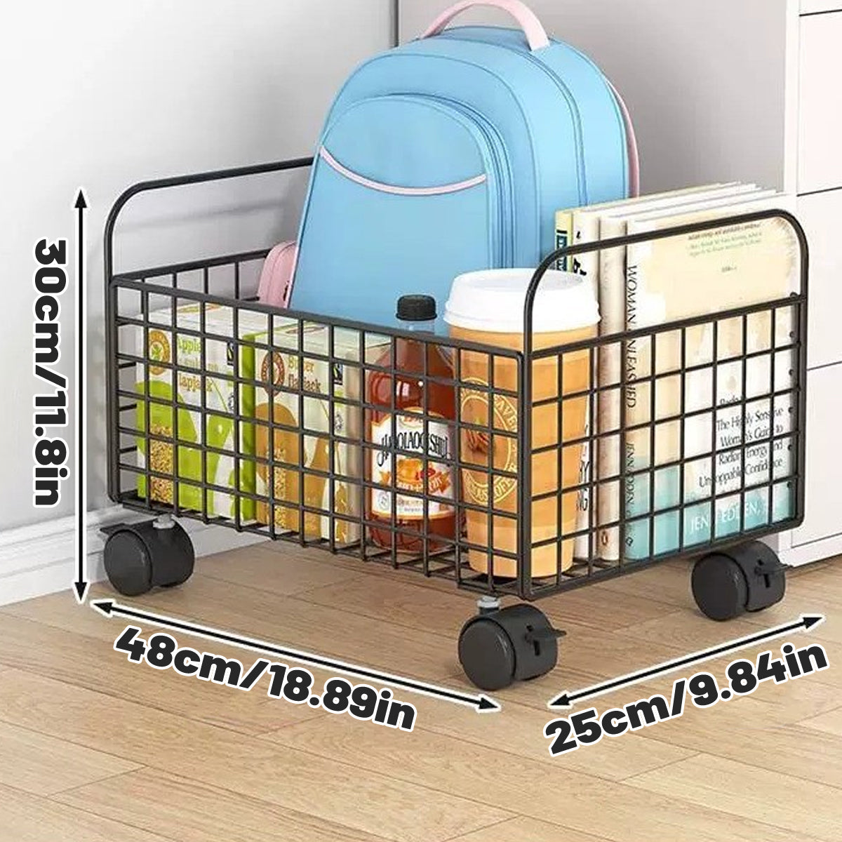 Under-Table Storage Rack with Wheels Metal Mesh Design