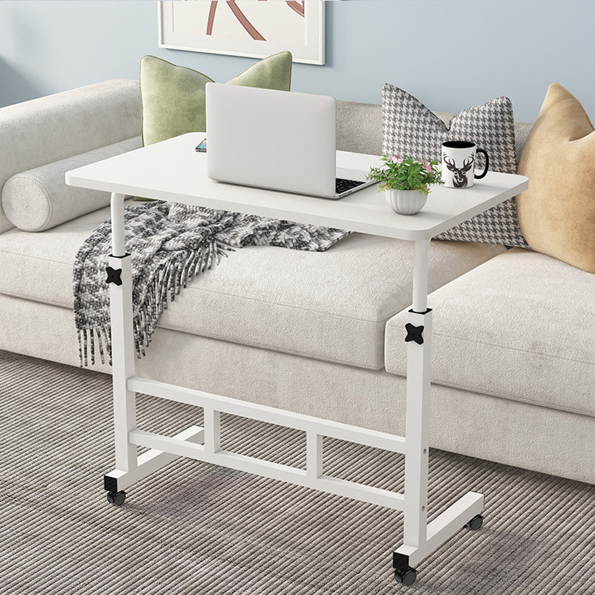Movable Bedside Table Desk with Adjustable Height White