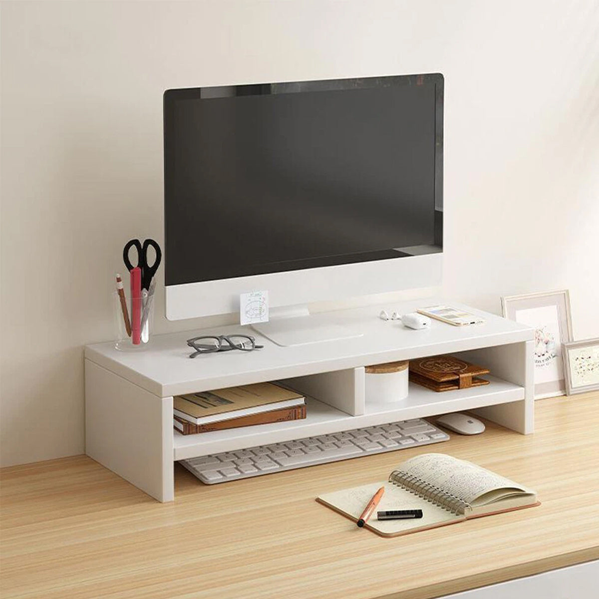 2 Pcs Monitor Riser and 3-Tier Desk Storage Rack White Wood