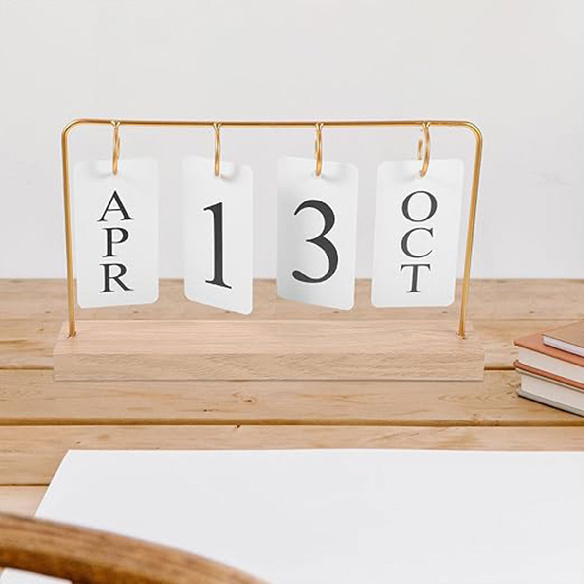Wooden Desk Calendar Perpetual with Metal Rings Black Gold