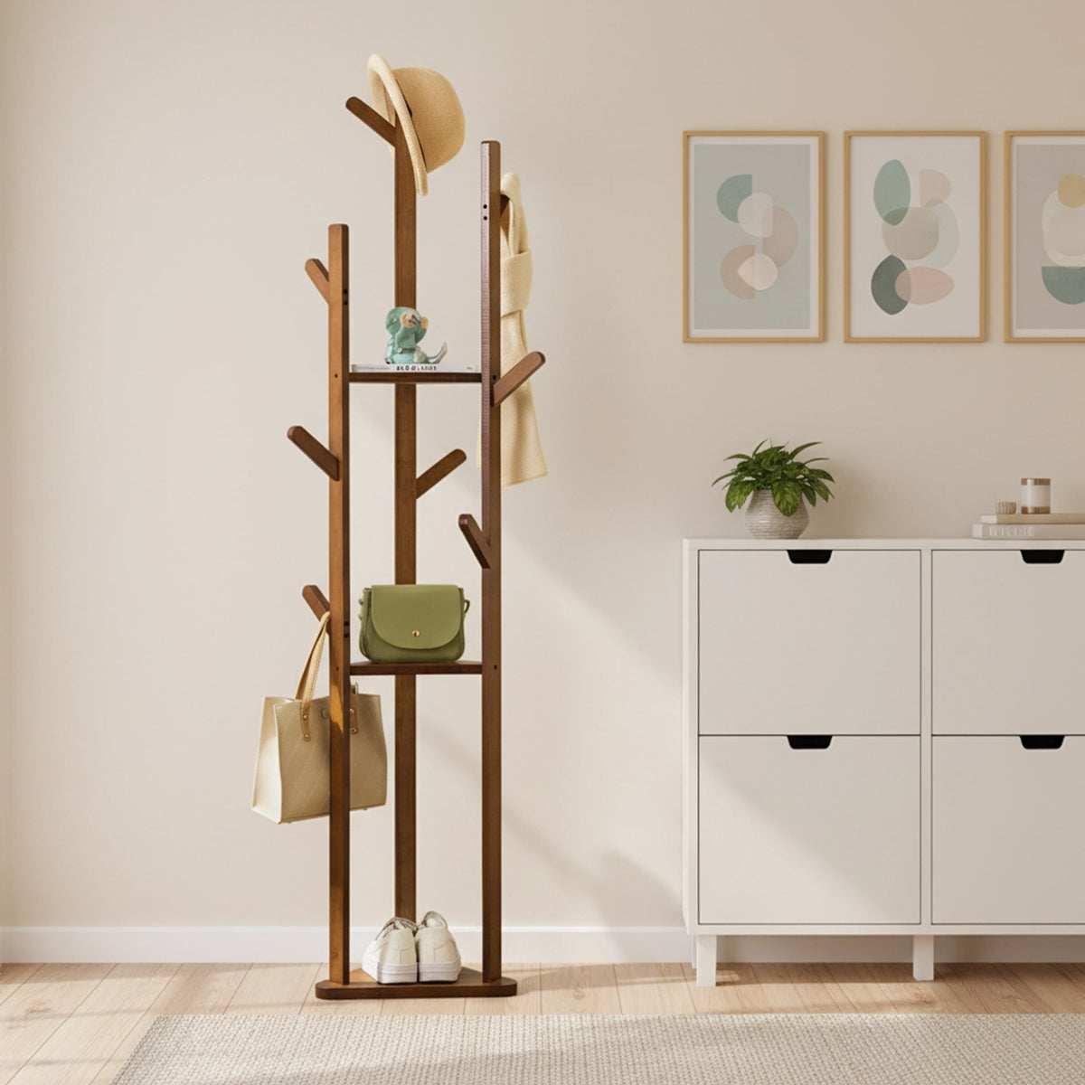 Bamboo Floor Standing Clothes Rack with 8 Hooks