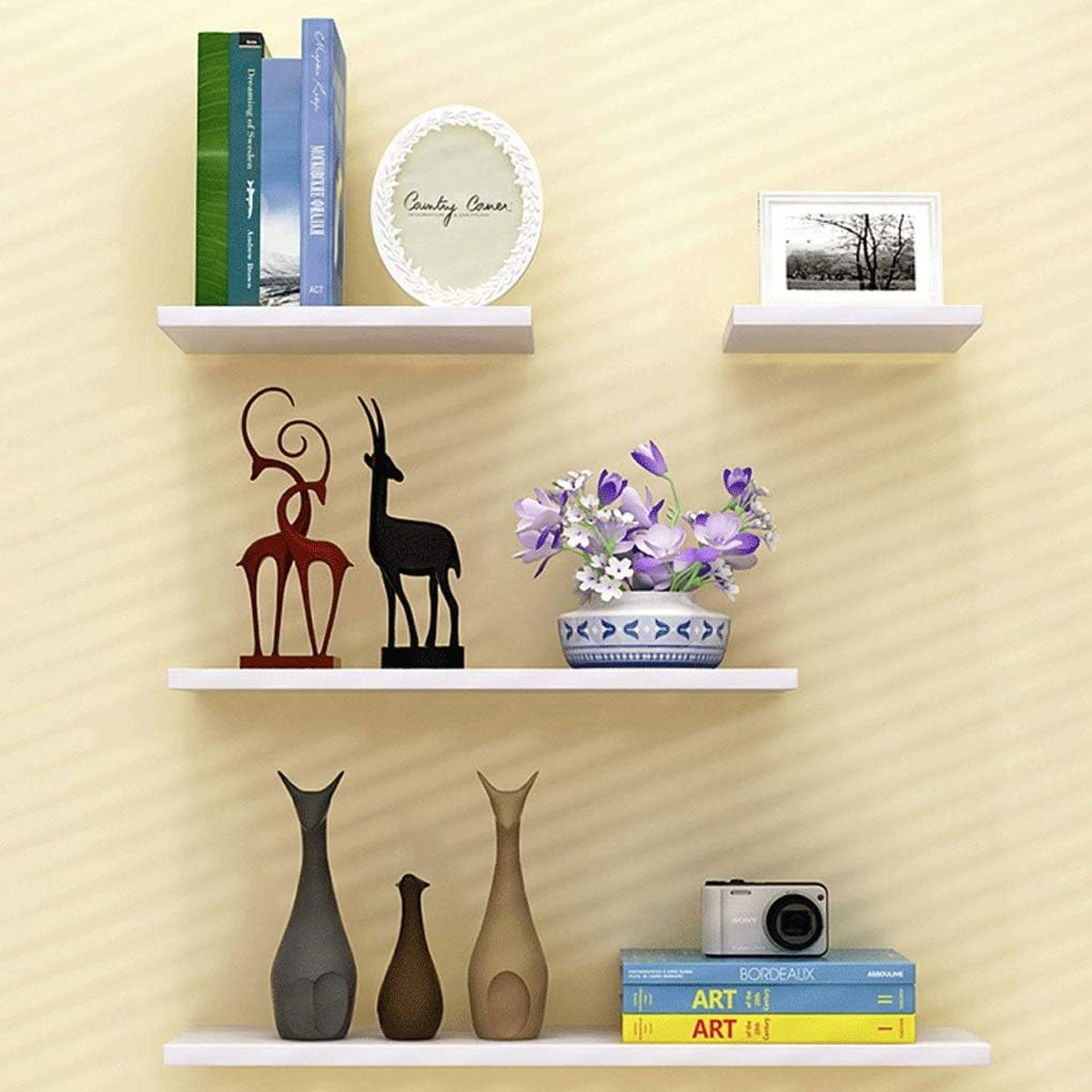 4 Pcs Wooden Floating Wall Shelves White Decorative Set