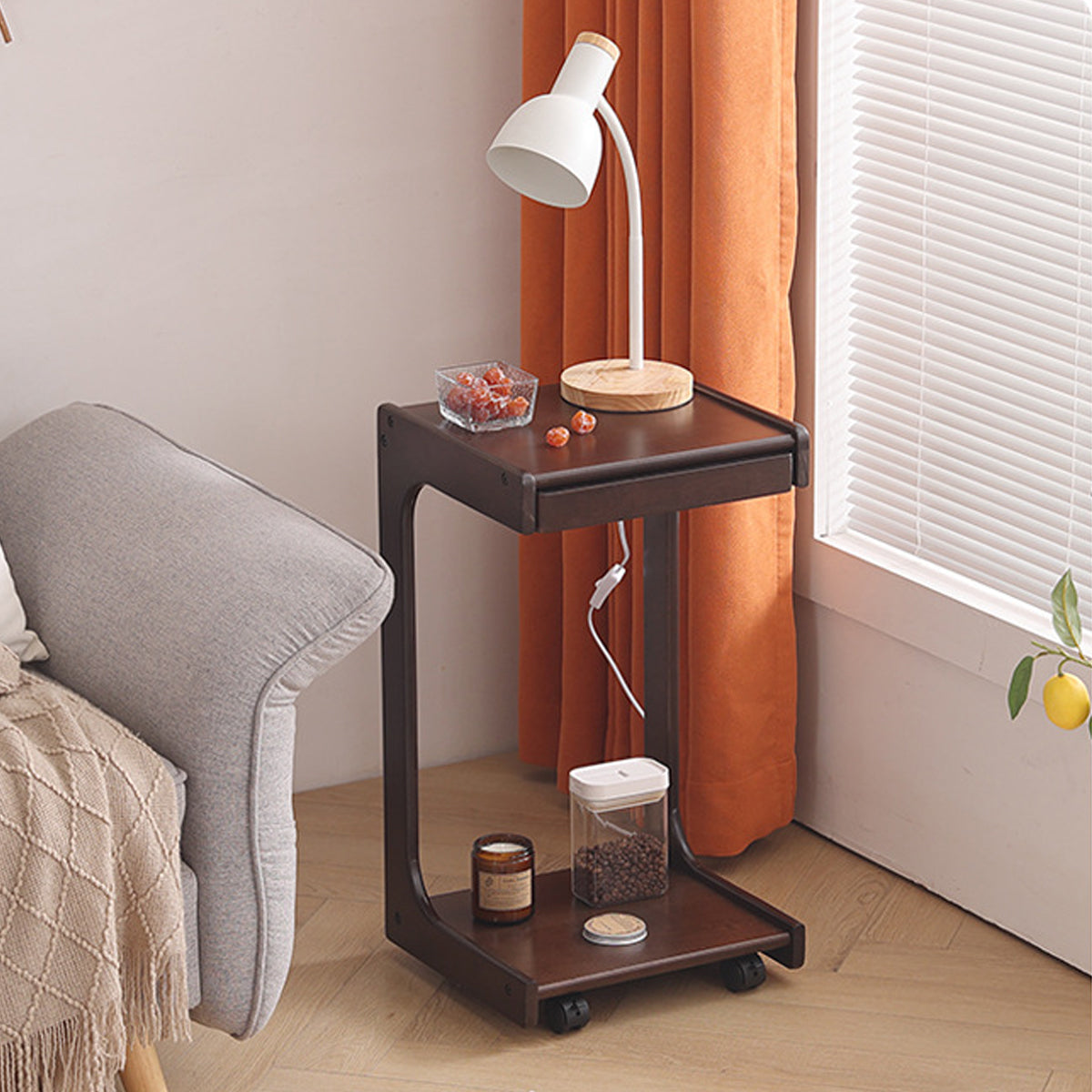 Solid Wood Rolling Coffee Table with Wheels 2-Tier Design