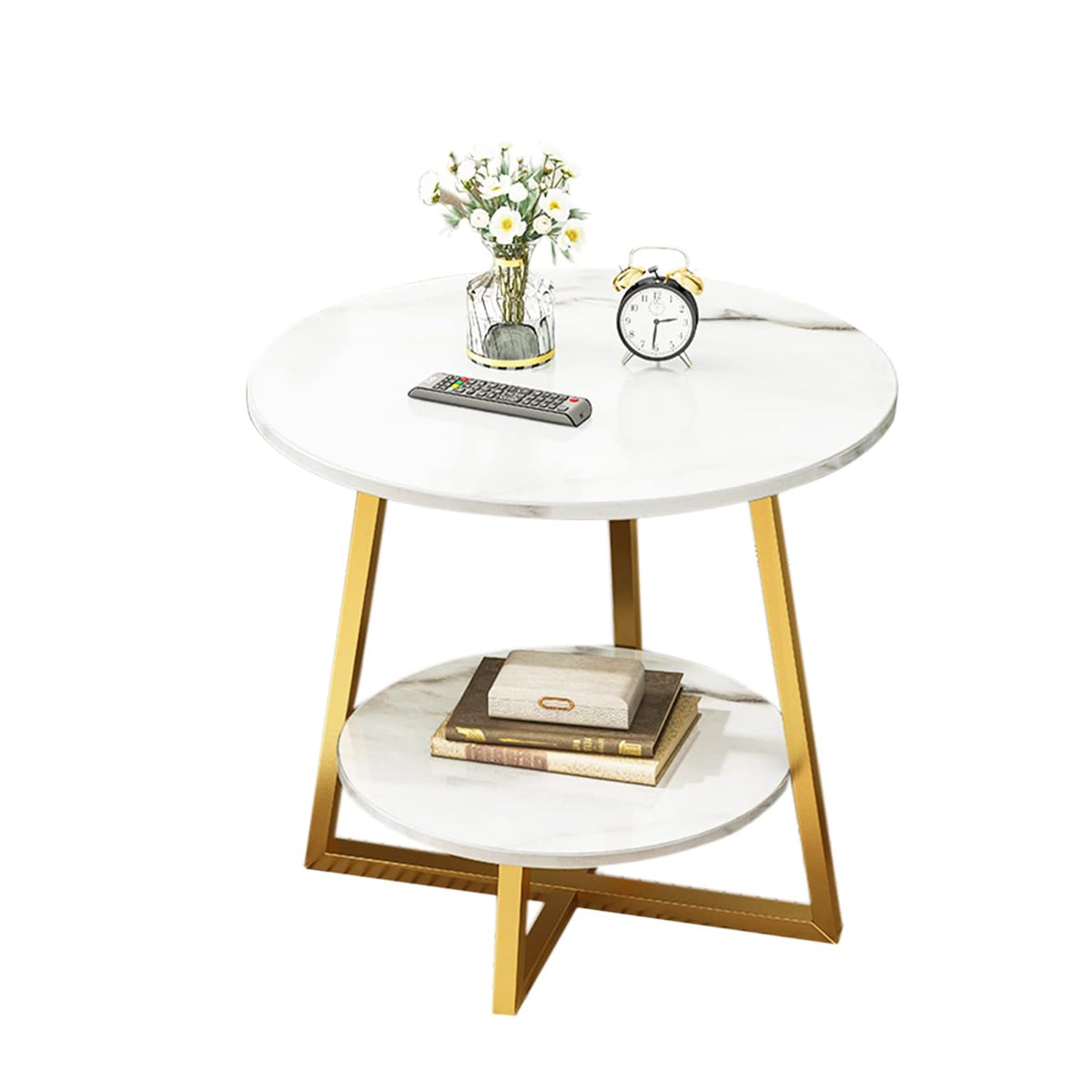 2 Tier Round Side Table White Marble Design Metal Frame