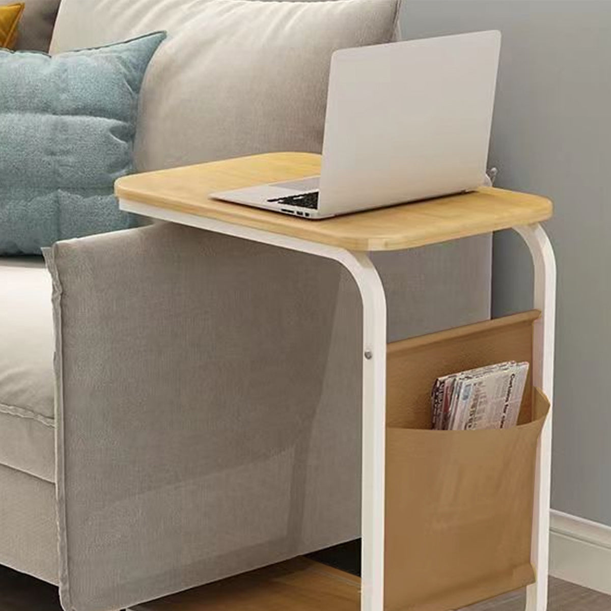 Mobile Side Table with Wheels and Magazine Pocket
