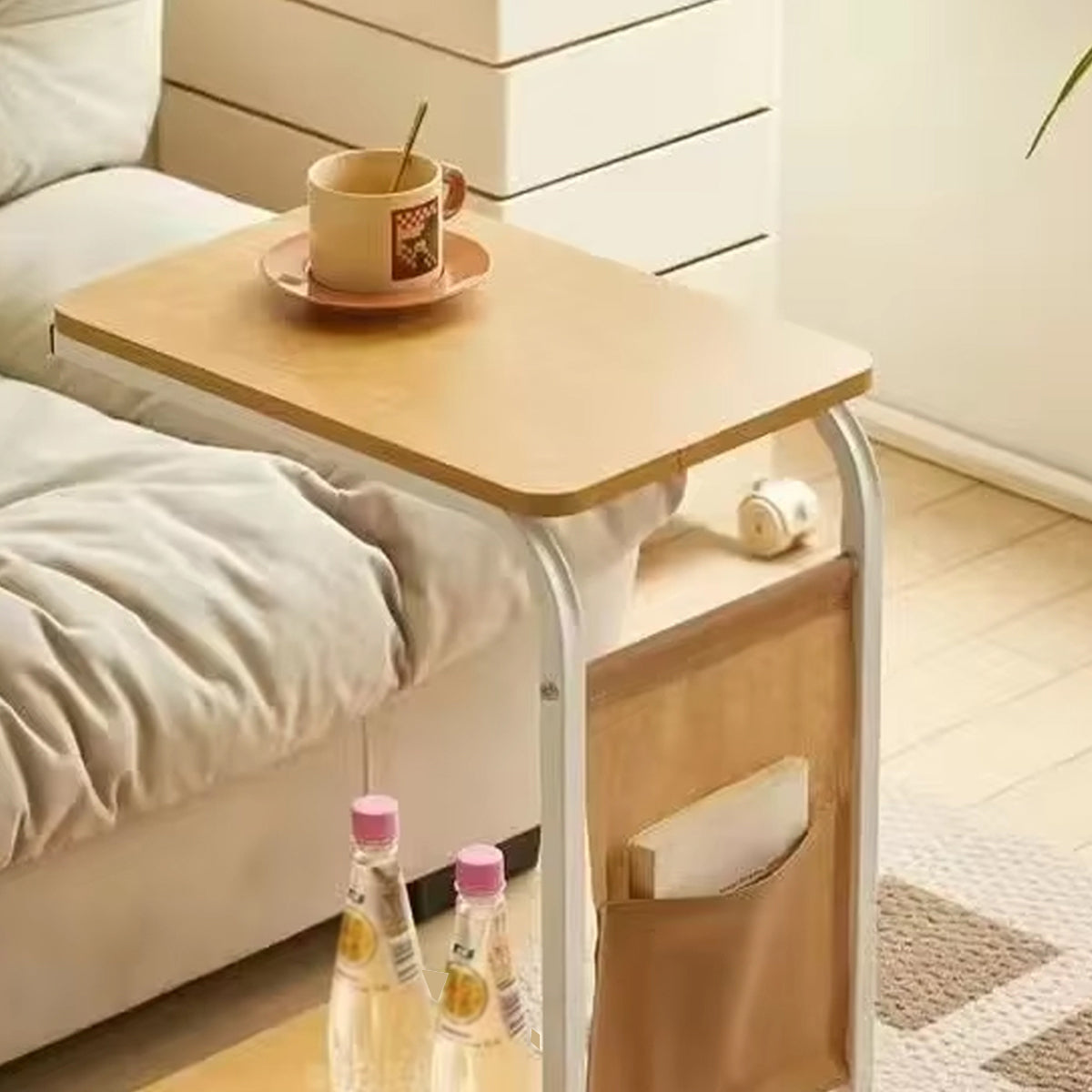 Mobile Side Table with Wheels and Magazine Pocket