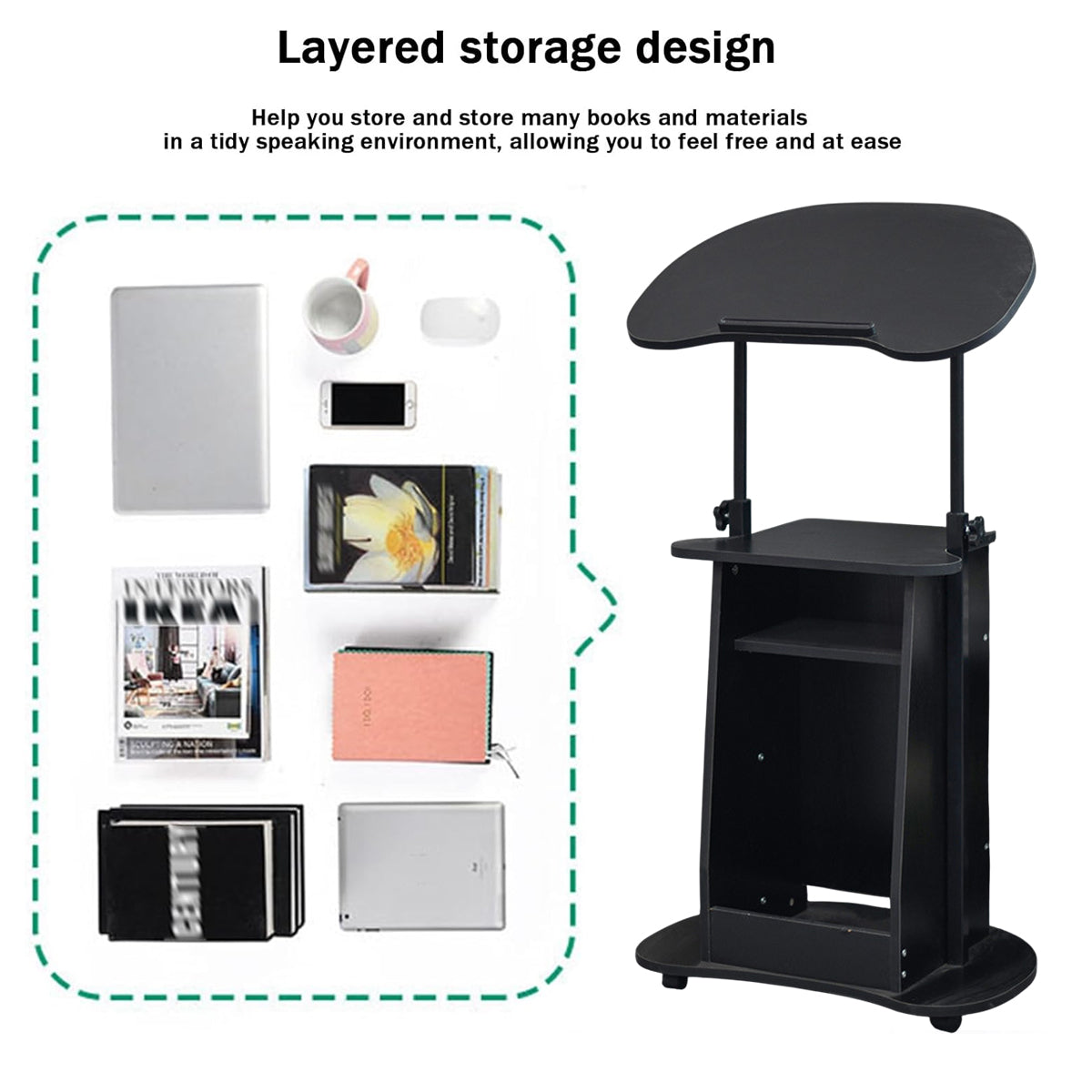 Mobile Adjustable Sofa Side Table with Tilting Desktop and Storage Layers