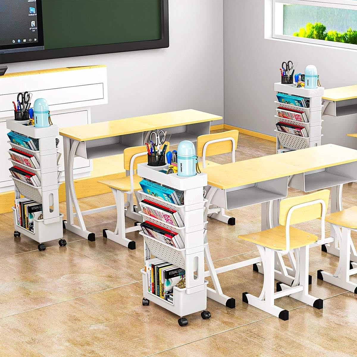 5 Tier Rolling Bookshelf Rack Movable Storage Organizer