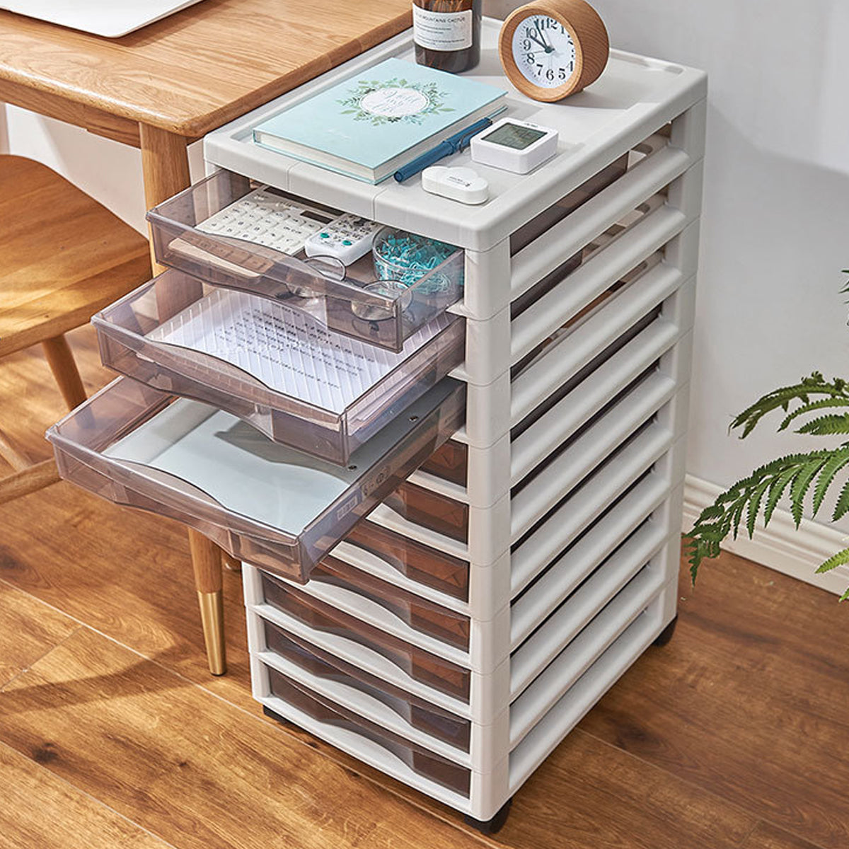 10-Layer Plastic Chest of Drawers with Wheels Transparent