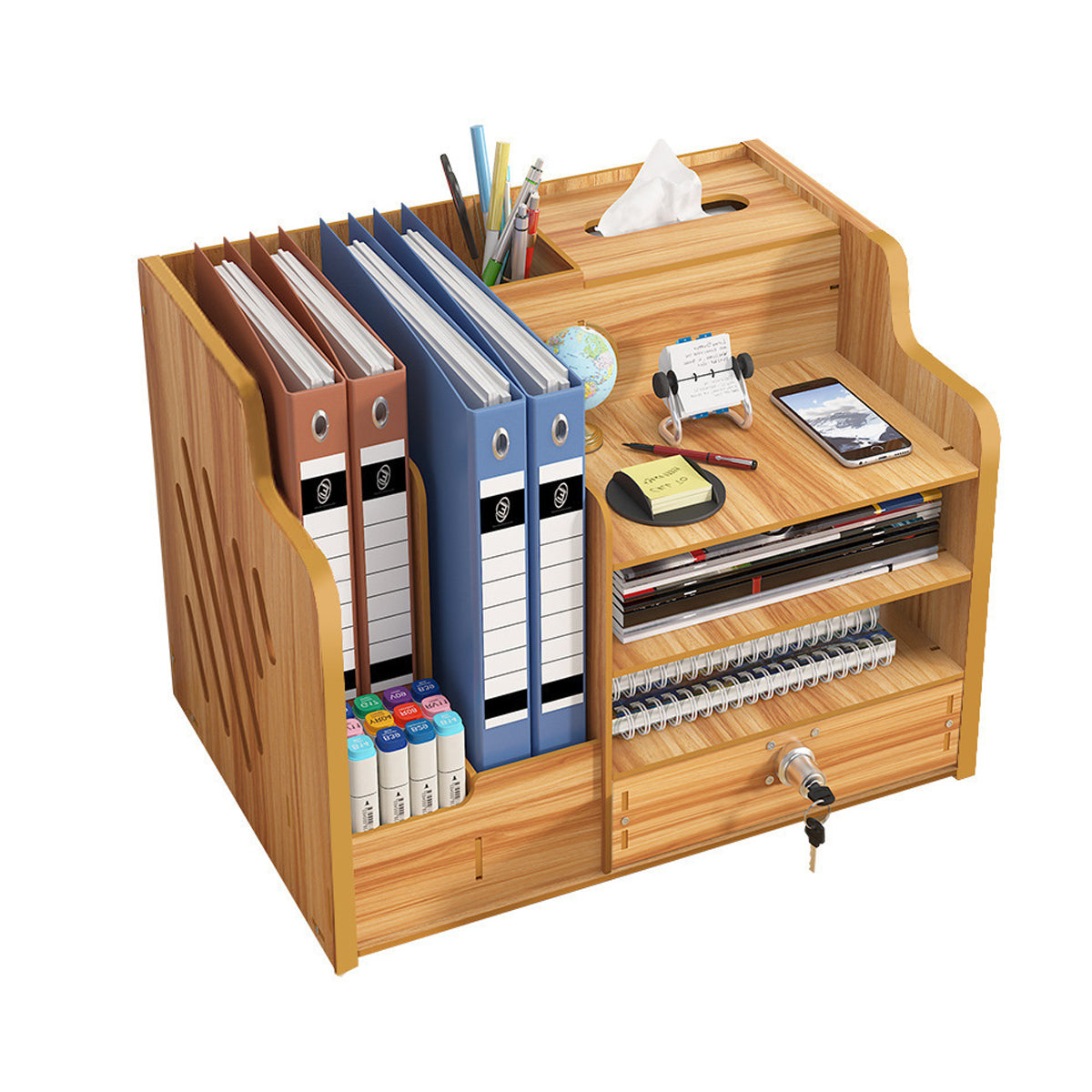 Wooden Desktop Organizer Locking Drawer File Slots