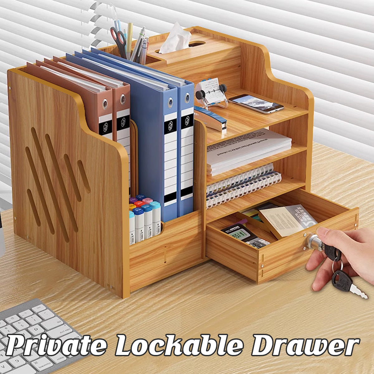 Wooden Desktop Organizer Locking Drawer File Slots