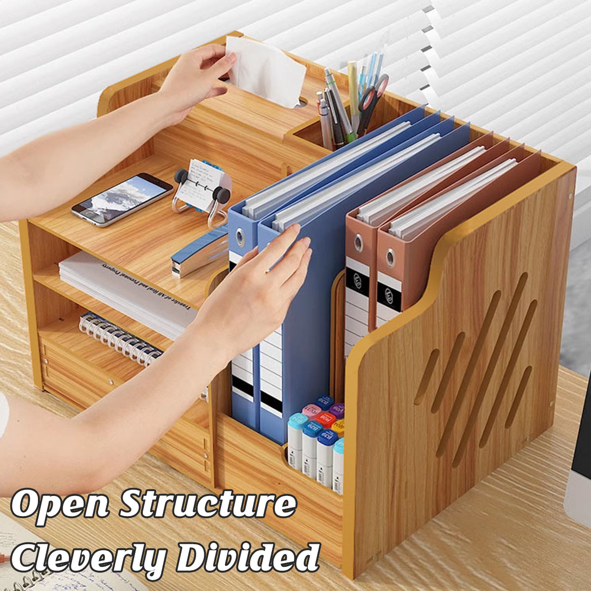 Wooden Desktop Organizer Locking Drawer File Slots