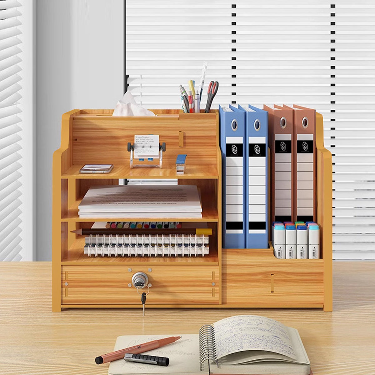 Wooden Desktop Organizer Locking Drawer File Slots