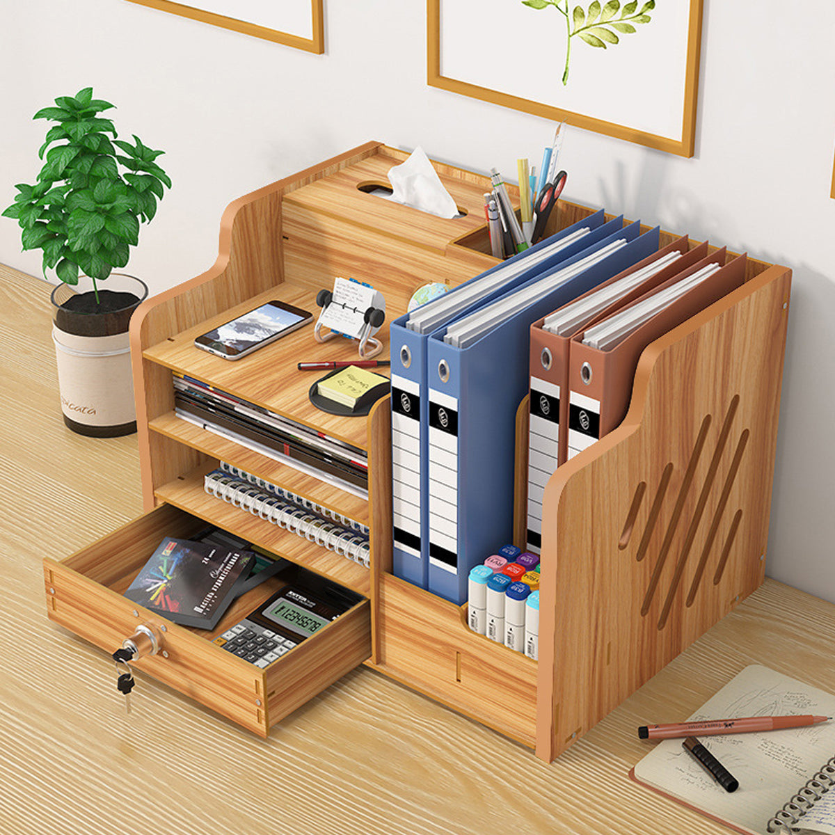 Wooden Desktop Organizer Locking Drawer File Slots