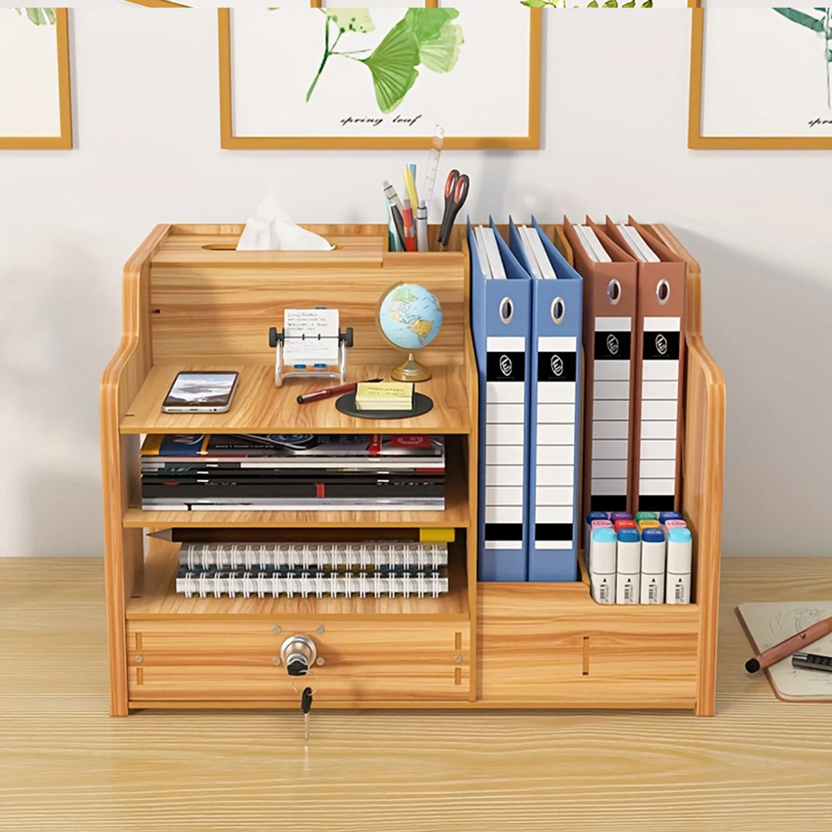 Wooden Desktop Organizer Locking Drawer File Slots