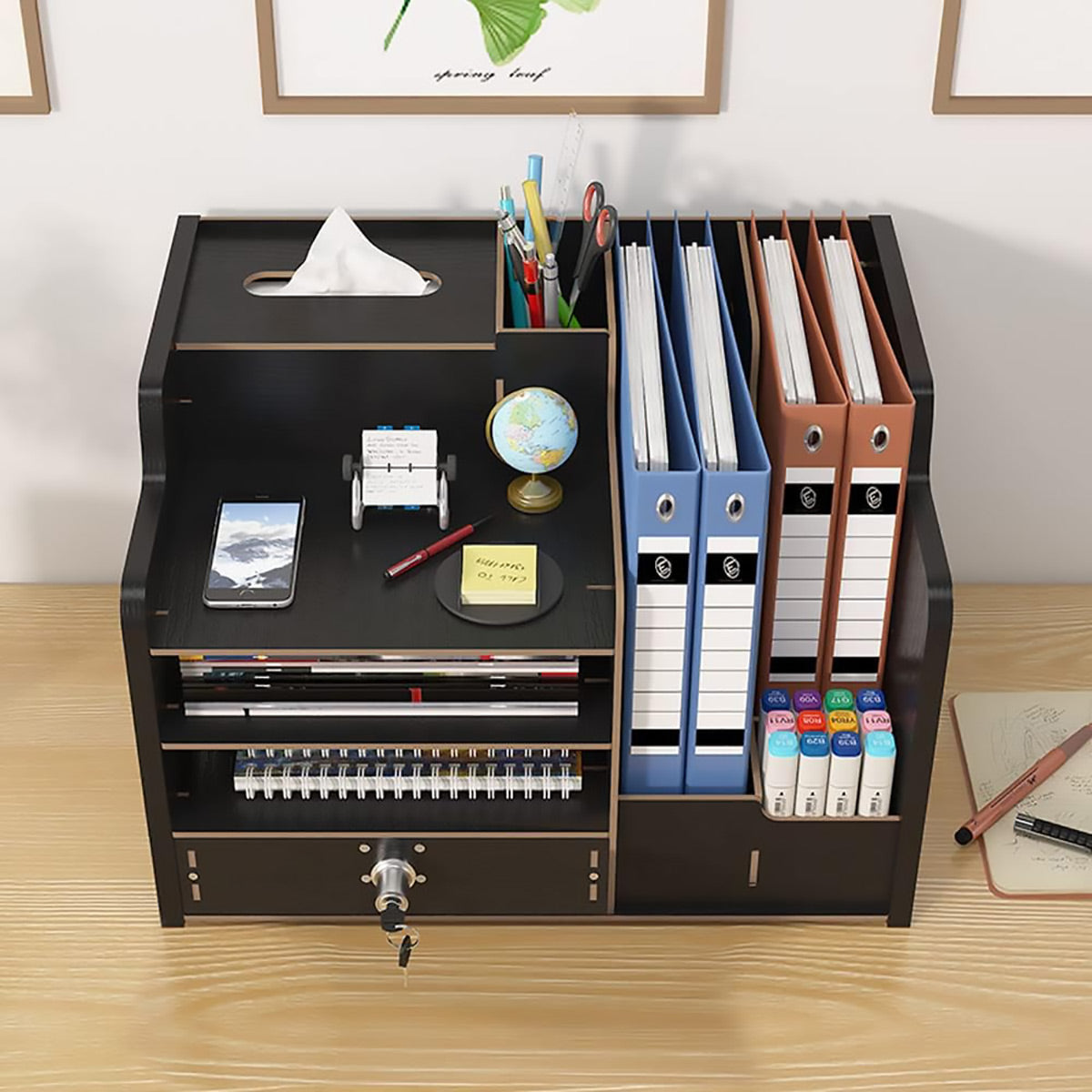 Wooden Desktop Organizer Locking Drawer File Slots