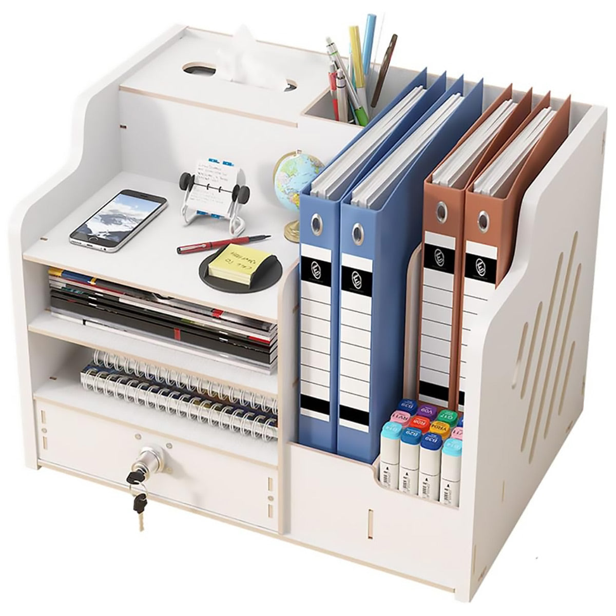 Wooden Desktop Organizer Locking Drawer File Slots