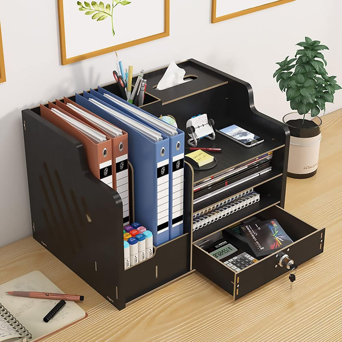 Wooden Desktop Organizer Locking Drawer File Slots
