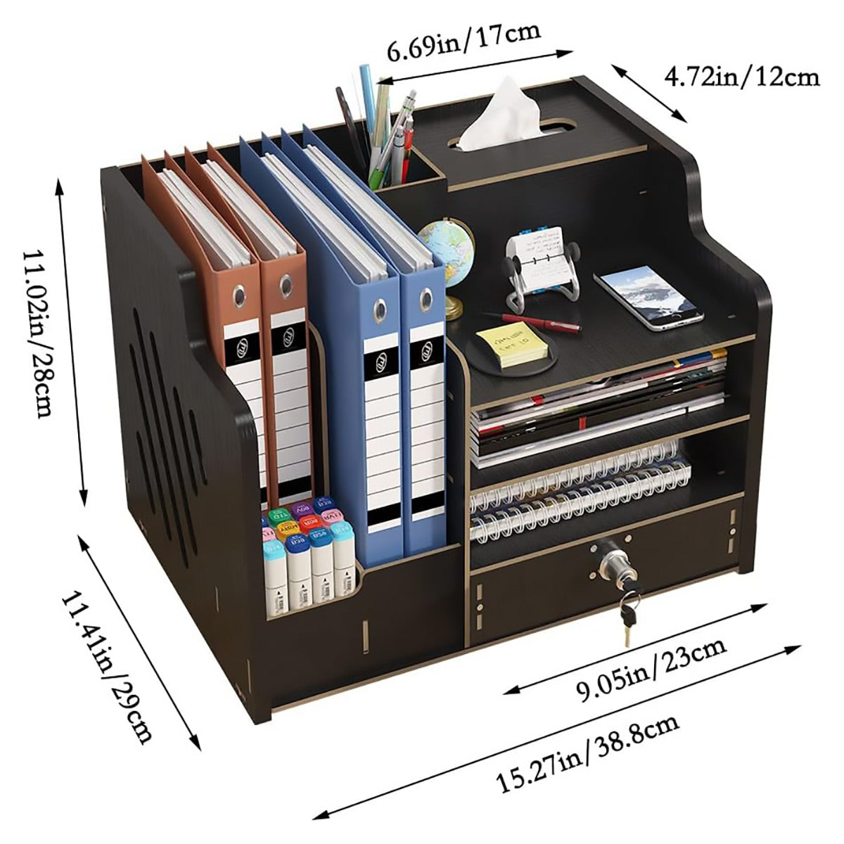 Wooden Desktop Organizer Locking Drawer File Slots