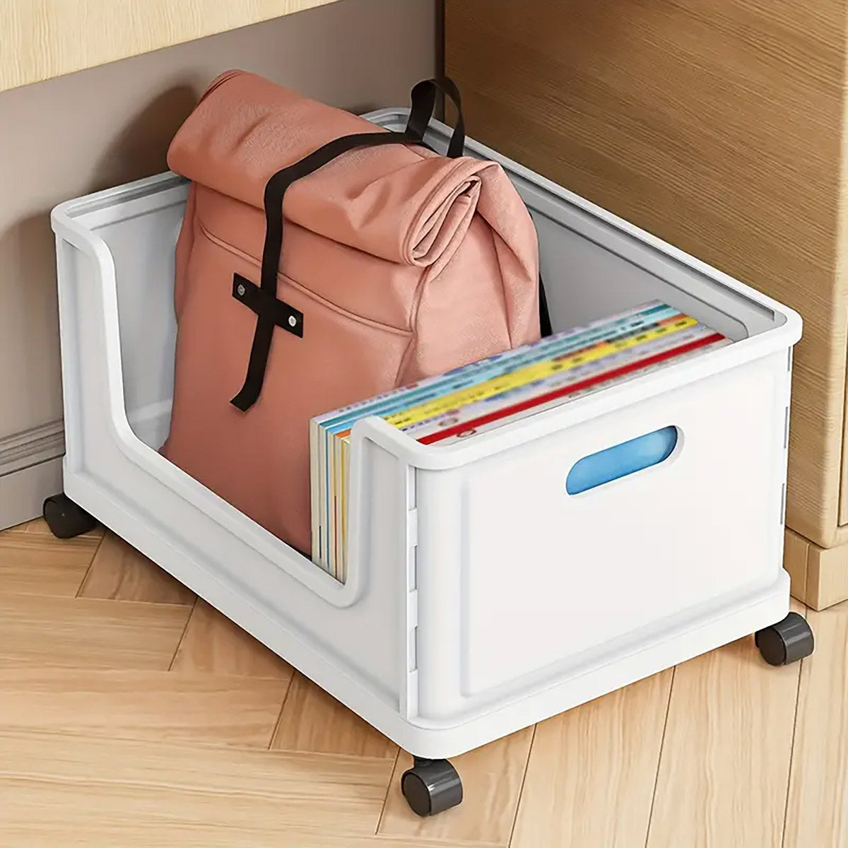 Under-Desk Book Storage Box with Wheels Stackable Plastic
