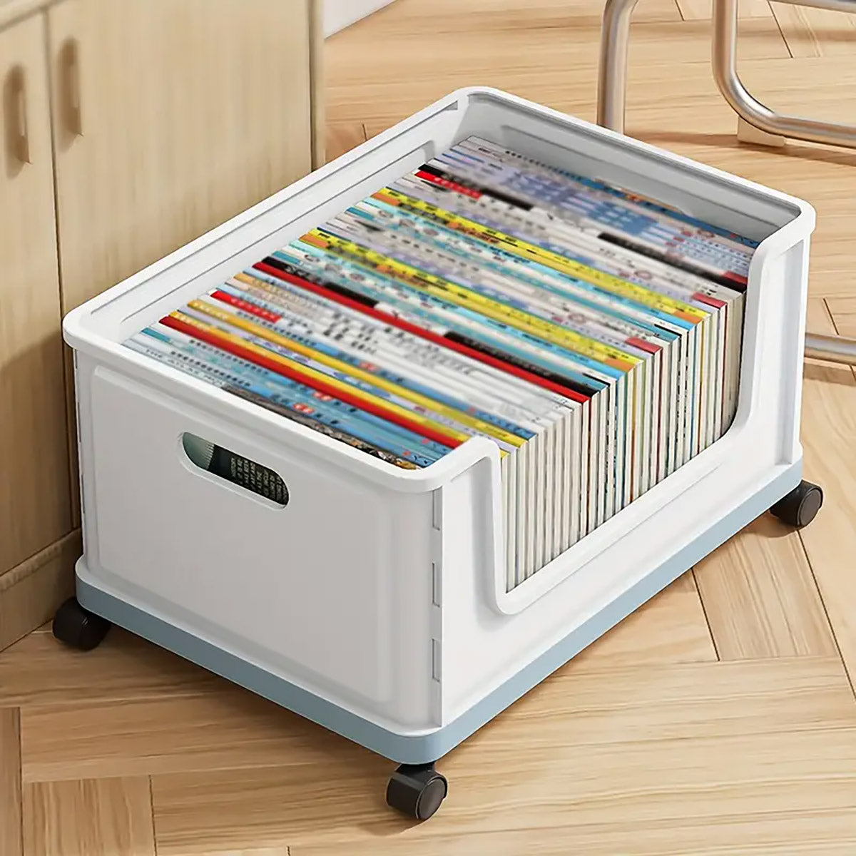 Under-Desk Book Storage Box with Wheels Stackable Plastic