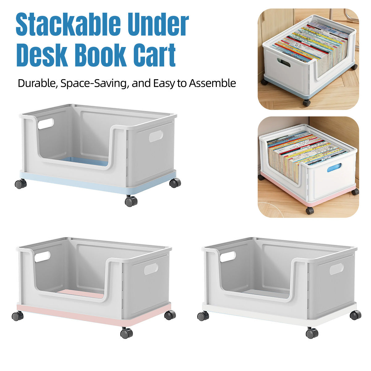 Under-Desk Book Storage Box with Wheels Stackable Plastic
