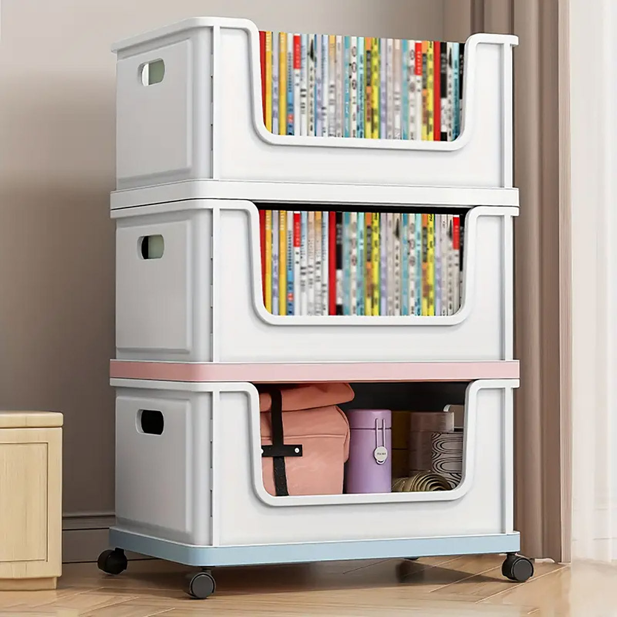 Under-Desk Book Storage Box with Wheels Stackable Plastic