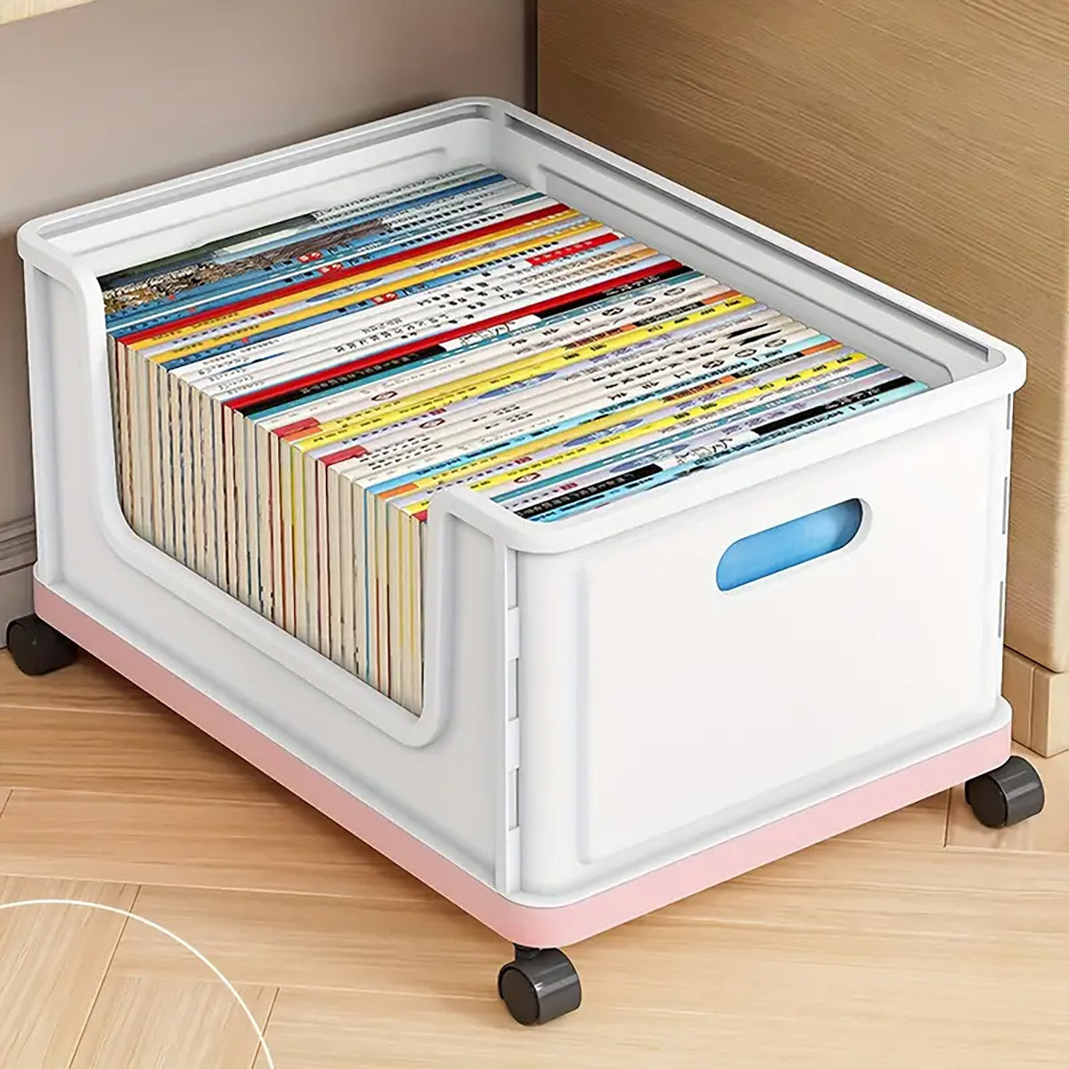 Under-Desk Book Storage Box with Wheels Stackable Plastic