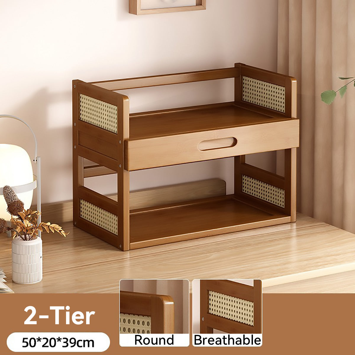 2-Tier Bamboo Desktop Storage Shelf with Drawer