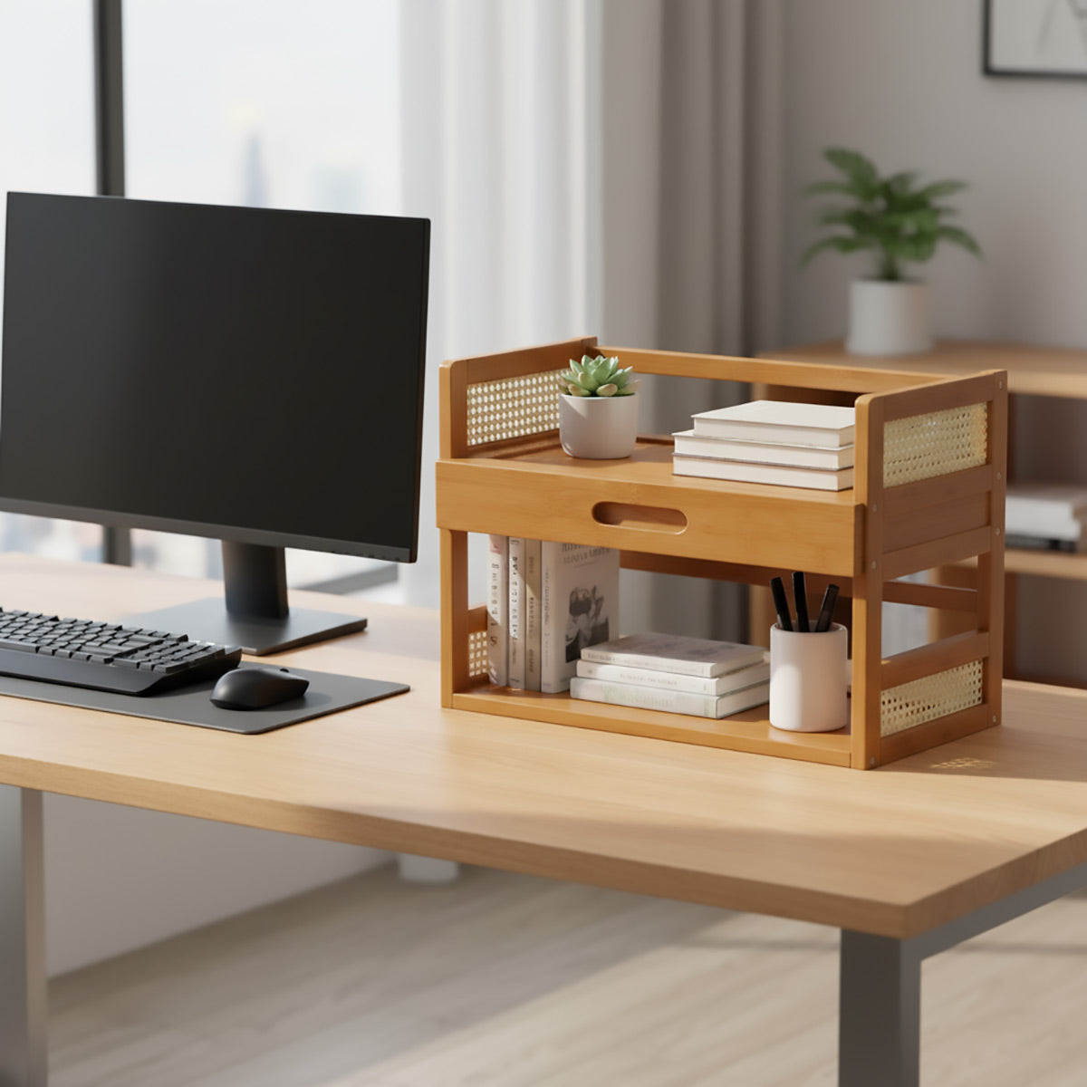 2-Tier Bamboo Desktop Storage Shelf with Drawer