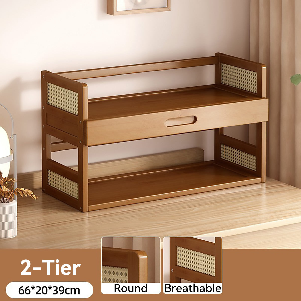 2-Tier Bamboo Desktop Storage Shelf with Drawer