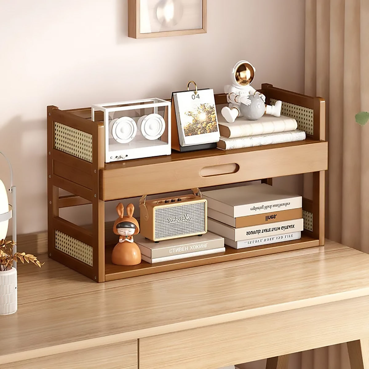 2-Tier Bamboo Desktop Storage Shelf with Drawer