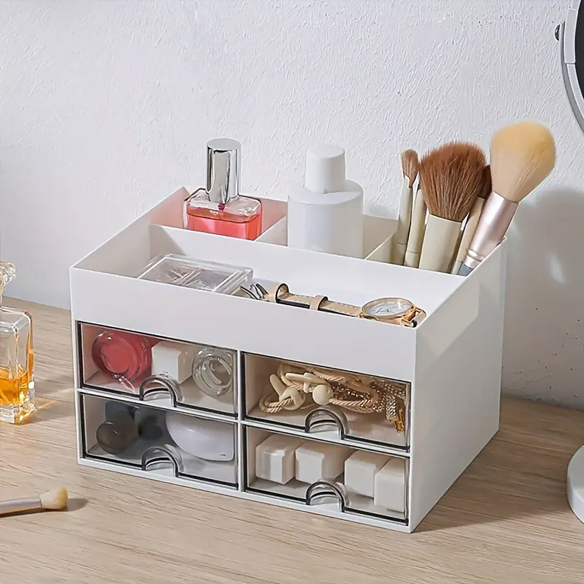 Desktop Pen Storage Box Organiser with Transparent Drawers