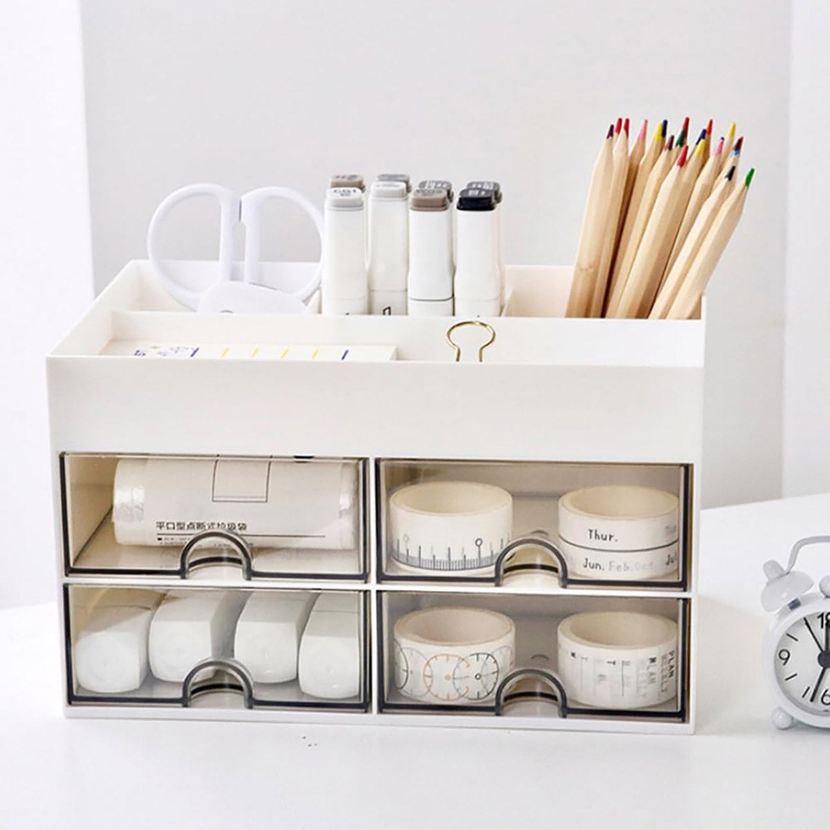 Desktop Pen Storage Box Organiser with Transparent Drawers