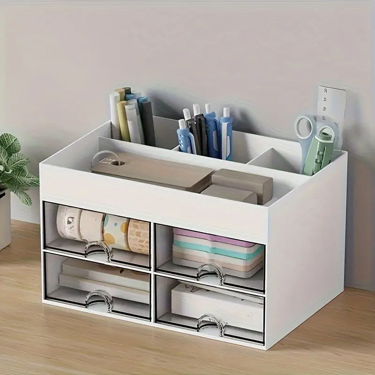 Desktop Pen Storage Box Organiser with Transparent Drawers
