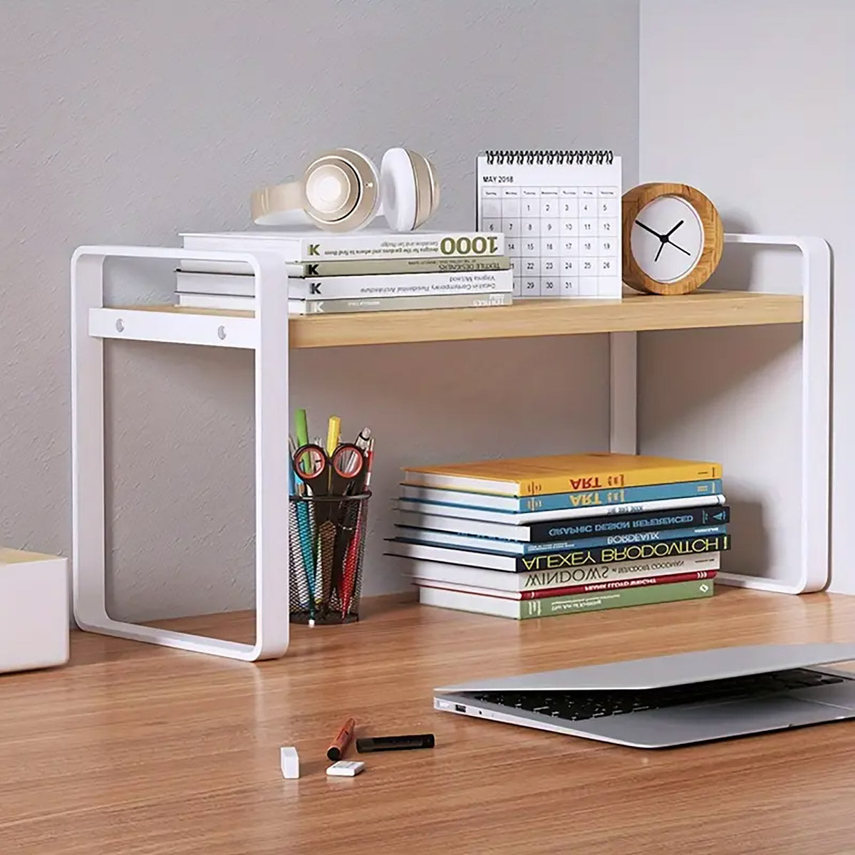 Adjustable Height Multi-Layer Bookshelf Wood and Metal