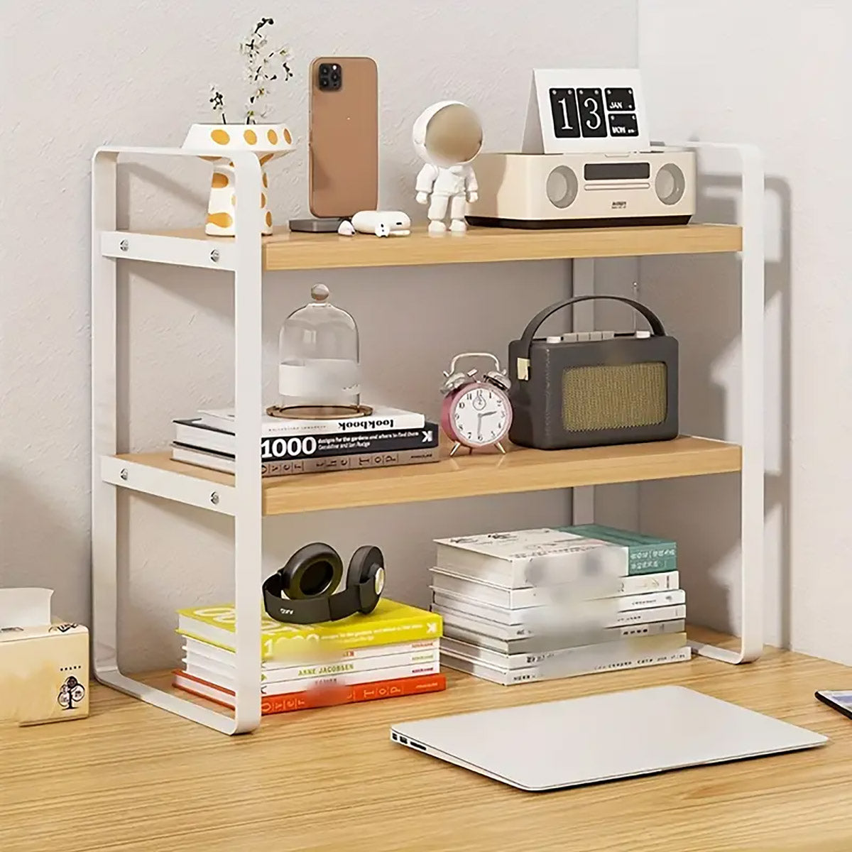 Adjustable Height Multi-Layer Bookshelf Wood and Metal