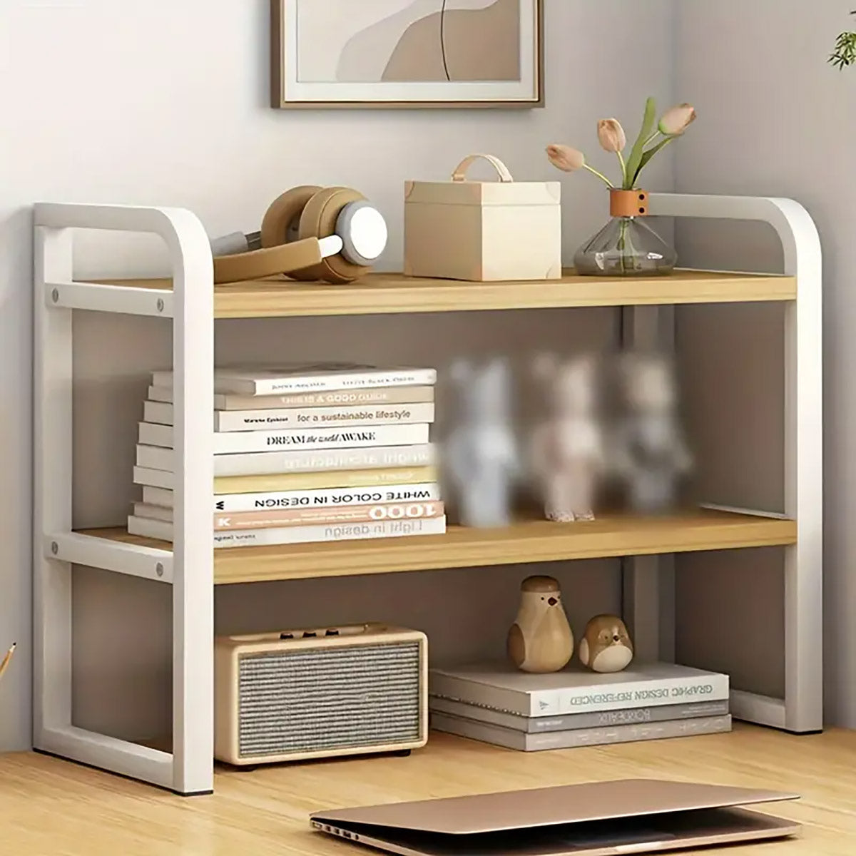 Adjustable Height Multi-Layer Bookshelf Wood and Metal