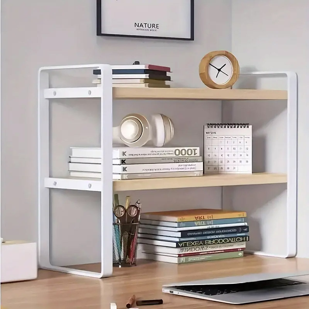 Adjustable Height Multi-Layer Bookshelf Wood and Metal